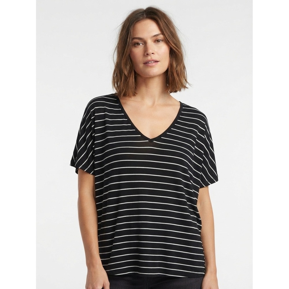 Michael Stars Supima Modal Slub Striped VNeck Tee Black White One Size Fits Most